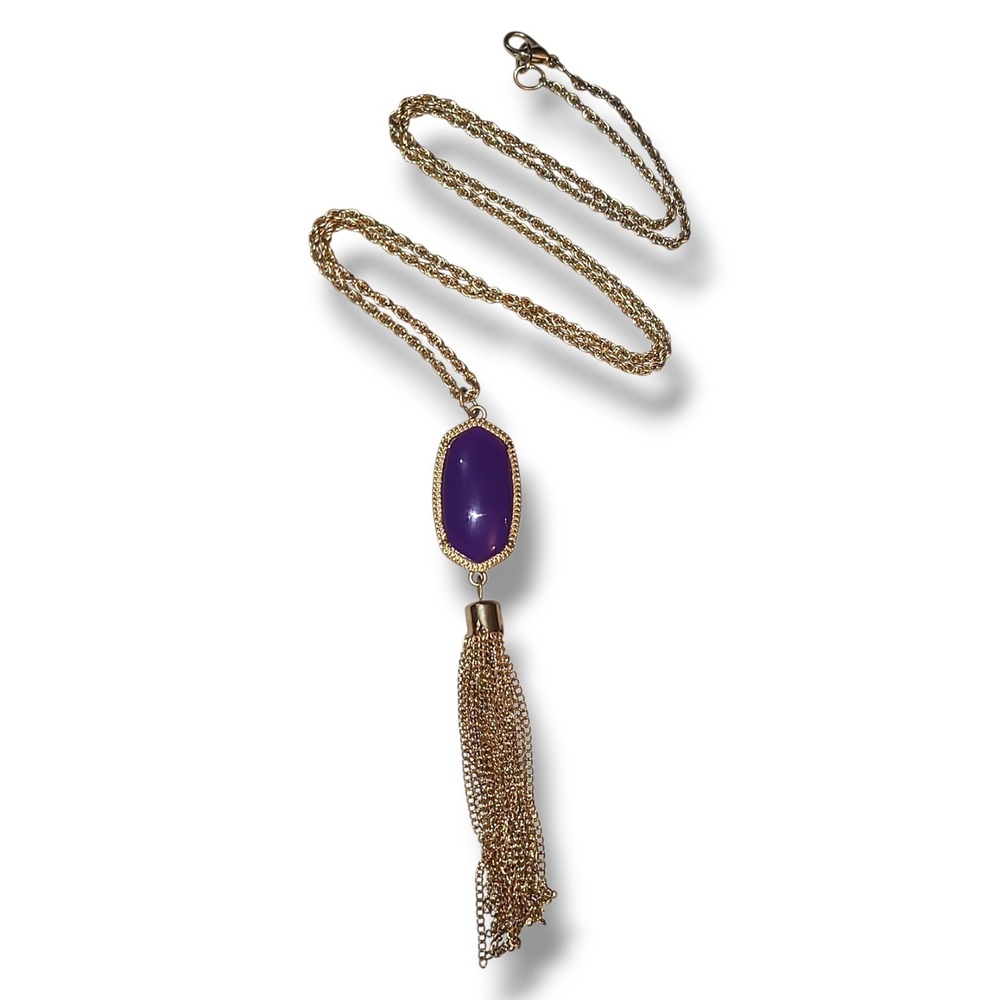 Gold Tone Purple Cabochon Tassel Pendant Necklace Long Chain Boho